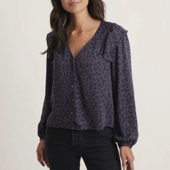 Marine Layer Rory Top Cheetah Animal Print Ruffle Long Sleeve Top Blue NWT S - Picture 1 of 8